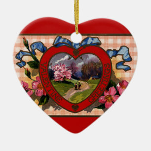 Vintage Valentines Day Greetings Heart and Flowers Ceramic Tree Decoration
