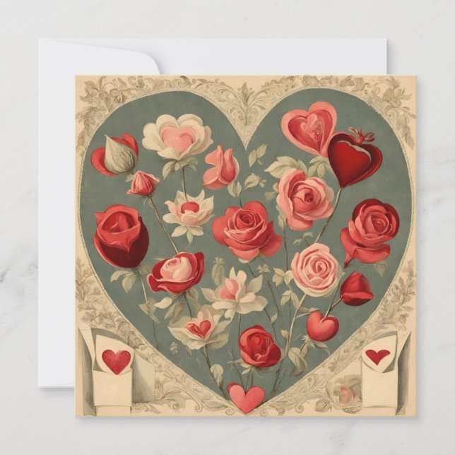Vintage Valentine's Day Heart with Roses  Holiday Card (Front)