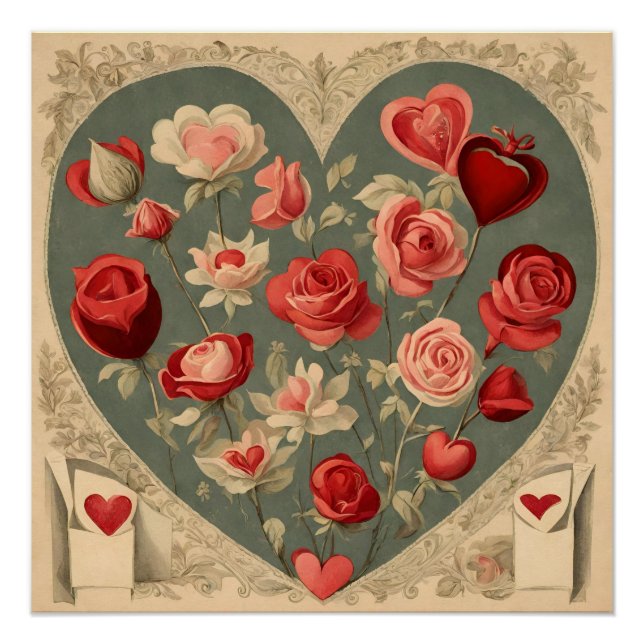Vintage Valentine's Day Heart with Roses  Poster (Front)