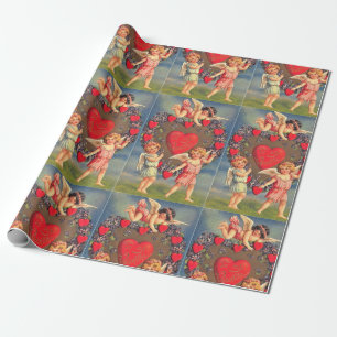 Vintage Valentines Day Hearts and Cupid Holiday Wrapping Paper