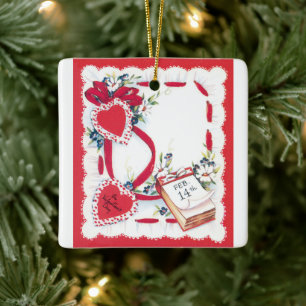Vintage Valentine's Day Hearts, Flowers and Ribbon Ceramic Ornament