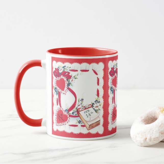 Vintage Valentine's Day Hearts, Flowers and Ribbon Mug (With Donut)
