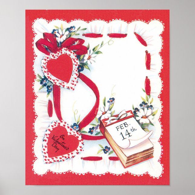 Vintage Valentine's Day Hearts, Flowers and Ribbon Poster (Front)