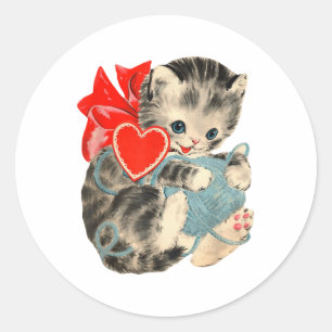 Vintage Valentines Day Kitty Cat Yarn Cute Retro V Classic Round Sticker