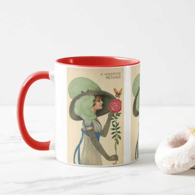 Vintage Valentine's Day, Lady Red Rose Butterfly Mug (With Donut)