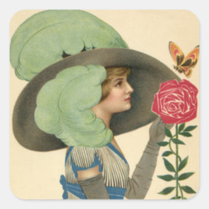 Vintage Valentine's Day, Lady Red Rose Butterfly Square Sticker