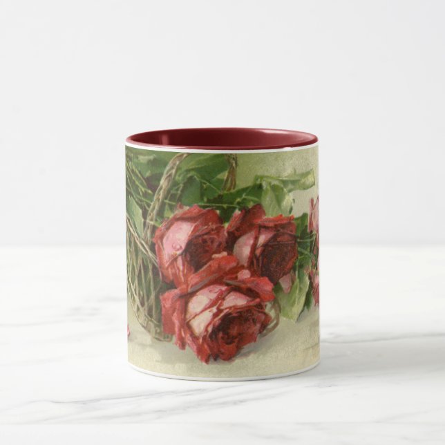Vintage Valentine's Day Love, Crimson Red Roses Mug (Center)