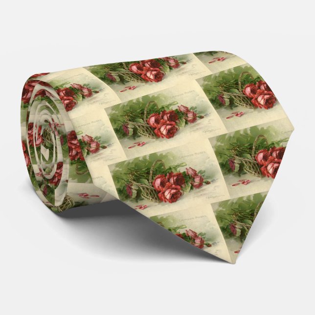 Vintage Valentine's Day Love, Crimson Red Roses Tie (Rolled)