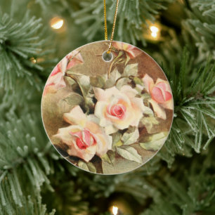 Vintage Valentine's Day Love Romance Pink Roses Ceramic Tree Decoration