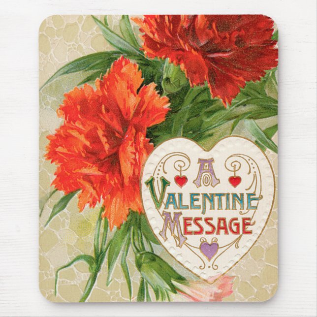 Vintage Valentine's Day Message, Carnation Flowers Mouse Mat (Front)