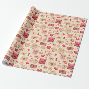 Vintage Valentine's Day Pink Hearts Letters Wrapping Paper