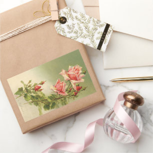 Vintage Valentine's Day Pink Victorian Garden Rose Rectangular Sticker