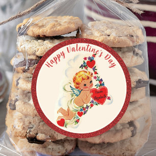 Vintage Valentine's Day Retro Cupid Red Custom Classic Round Sticker