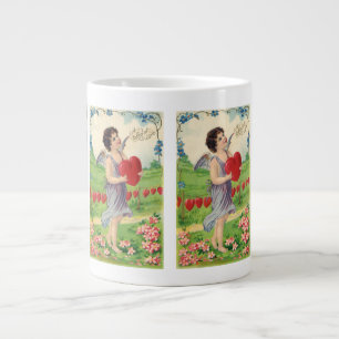 Vintage Valentines Day, Victorian Angel with Heart Large Coffee Mug