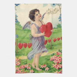 Vintage Valentines Day, Victorian Angel with Heart Tea Towel