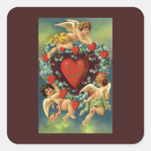 Vintage Valentine's Day, Victorian Angels Hearts Square Sticker