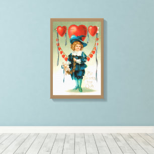 Vintage Valentines Day, Victorian Boy with Hearts Canvas Print