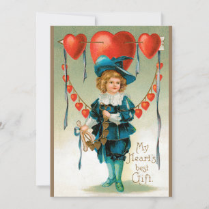 Vintage Valentines Day, Victorian Boy with Hearts Holiday Card