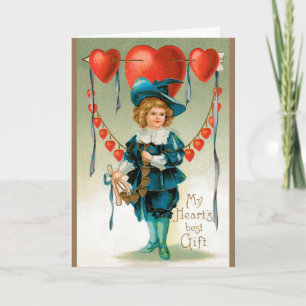 Vintage Valentines Day, Victorian Boy with Hearts Holiday Card