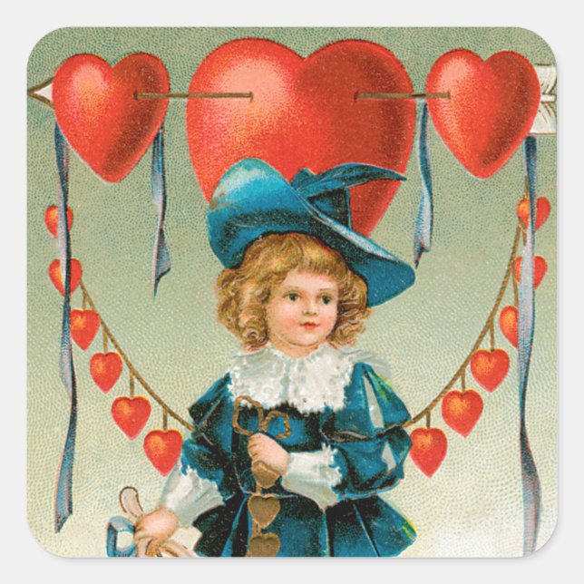 Vintage Valentines Day, Victorian Boy with Hearts Square Sticker (Front)