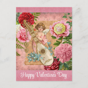 Vintage Valentines Day Victorian Cherub Floral Postcard