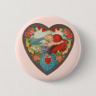 Vintage Valentine's Day, Victorian Cherub Hearts 6 Cm Round Badge