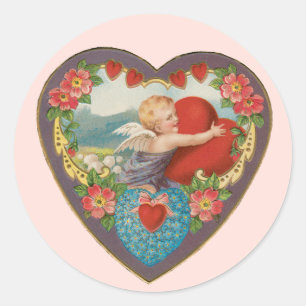 Vintage Valentine's Day, Victorian Cherub Hearts Classic Round Sticker