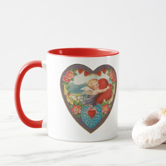 Vintage Valentine's Day, Victorian Cherub Hearts Mug (With Donut)