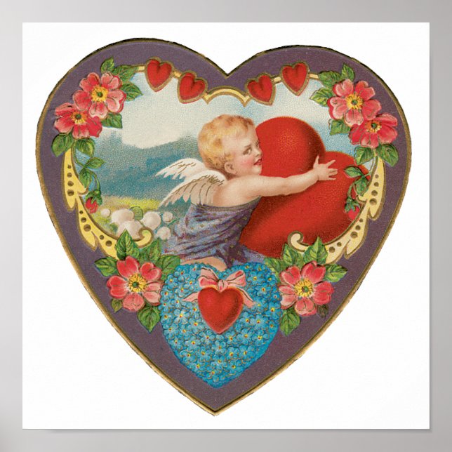 Vintage Valentine's Day, Victorian Cherub Hearts Poster (Front)