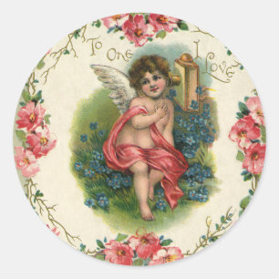 Vintage Valentine's Day Victorian Cherub on Phone Classic Round Sticker