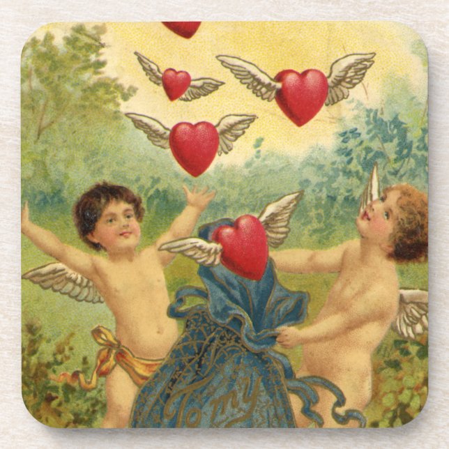 Vintage Valentine's Day, Victorian Cherubs Hearts Coaster (Front)