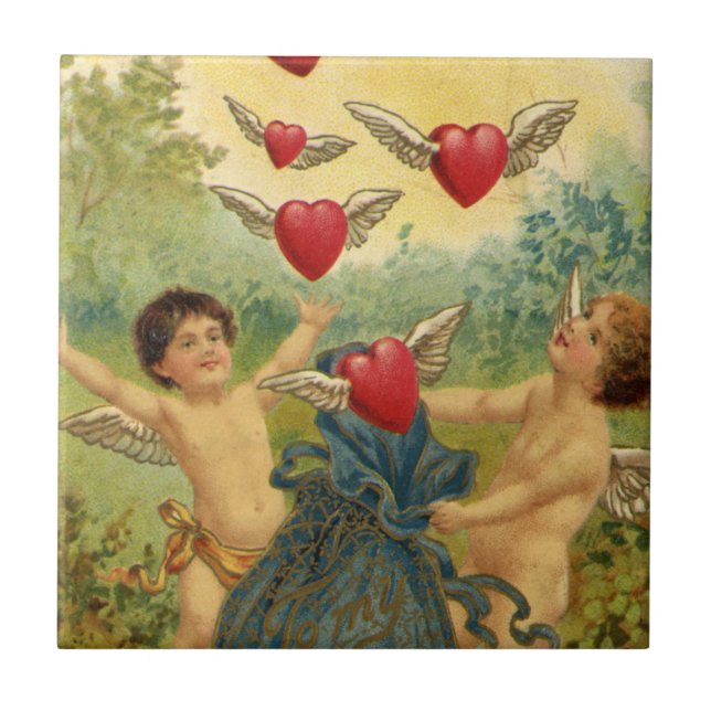 Vintage Valentine's Day, Victorian Cherubs Hearts Tile (Front)