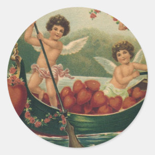 Vintage Valentine's Day, Victorian Cherubs in Boat Classic Round Sticker