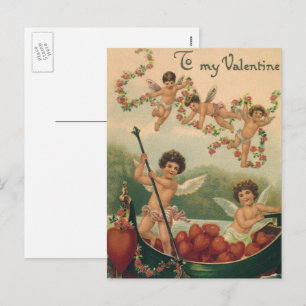 Vintage Valentine's Day, Victorian Cherubs in Boat Holiday Postcard