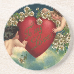 Vintage Valentines Day Victorian Cherubs in Heaven Coaster