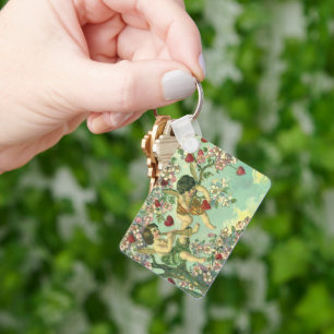 Vintage Valentines Day Victorian Cupids Heart Tree Key Ring