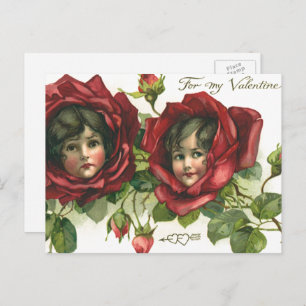 Vintage Valentine's Day, Victorian Faces in Roses Holiday Postcard