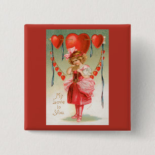 Vintage Valentines Day, Victorian Girl with Hearts 15 Cm Square Badge