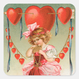 Vintage Valentines Day, Victorian Girl with Hearts Square Sticker