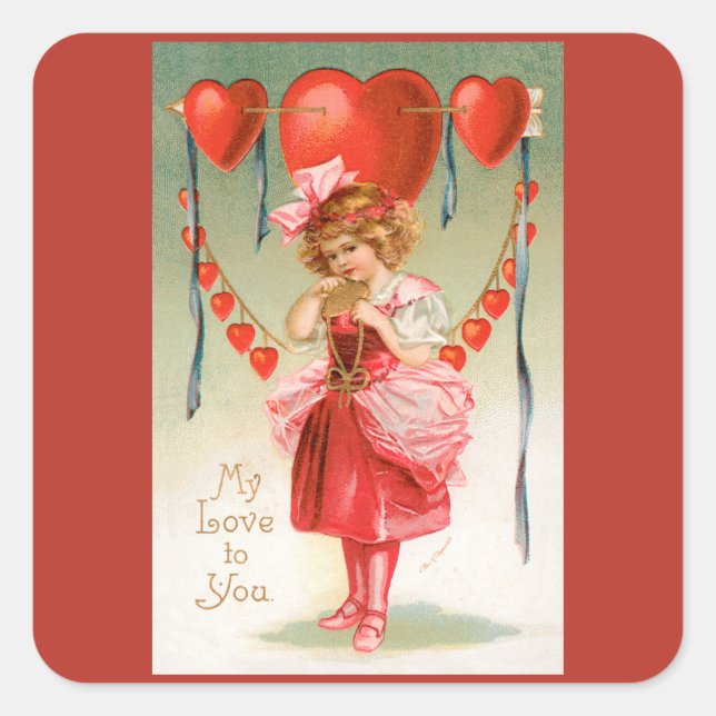 Vintage Valentines Day, Victorian Girl with Hearts Square Sticker (Front)