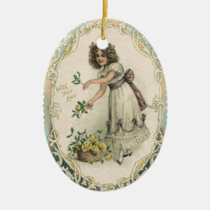 Vintage Valentine's Day, Victorian Girl with Roses Ceramic Tree Decoration