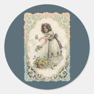 Vintage Valentine's Day, Victorian Girl with Roses Classic Round Sticker