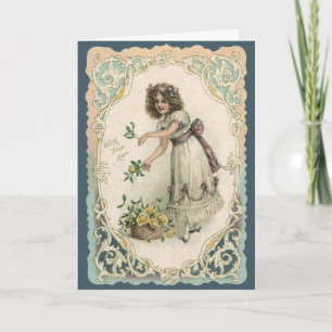 Vintage Valentine's Day, Victorian Girl with Roses Holiday Card
