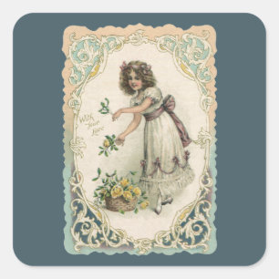 Vintage Valentine's Day, Victorian Girl with Roses Square Sticker