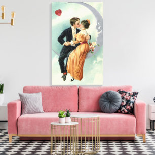 Vintage Valentine's Day Victorian Kiss on the Moon Canvas Print