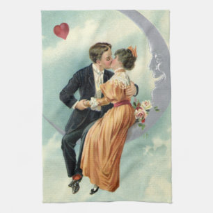 Vintage Valentine's Day Victorian Kiss on the Moon Tea Towel