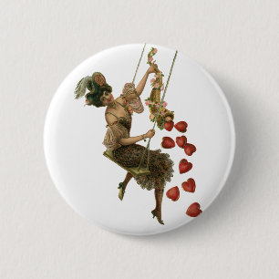 Vintage Valentine's Day, Victorian Lady on a Swing 6 Cm Round Badge