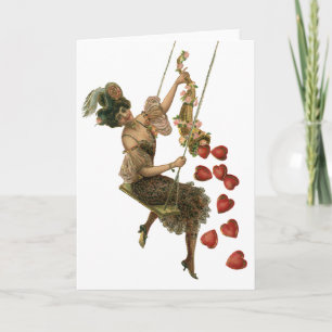 Vintage Valentine's Day, Victorian Lady on a Swing Holiday Card