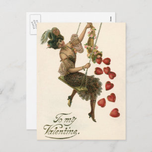 Vintage Valentine's Day, Victorian Lady on a Swing Holiday Postcard