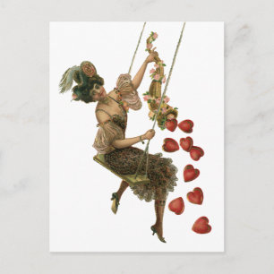 Vintage Valentine's Day, Victorian Lady on a Swing Holiday Postcard